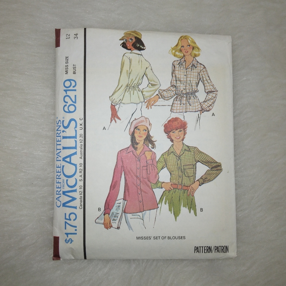 MCCALL'S 6219 Sz 12 Vintage Misses Front Button Blouse In 2 Styles c. 1978